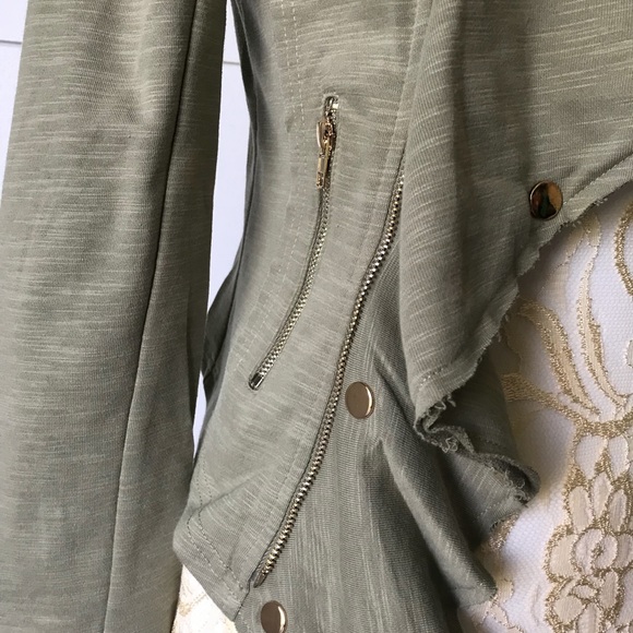 Olive Moto Style Ruffle Cotton Blend Jacket - Picture 6 of 7